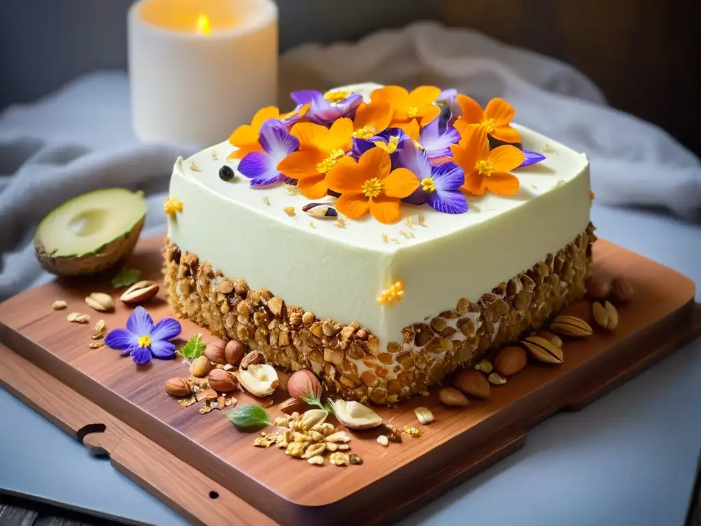 Deliciosa repostería orgánica vegana: guía completa en un exquisito pastel de zanahoria decorado con flores comestibles y nueces trituradas