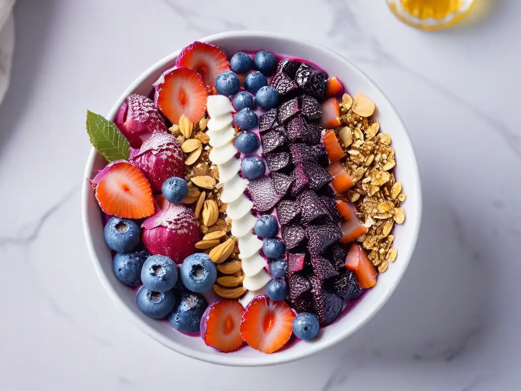 Deliciosa repostería saludable: bowl de açaí con frutas frescas y miel en mármol blanco