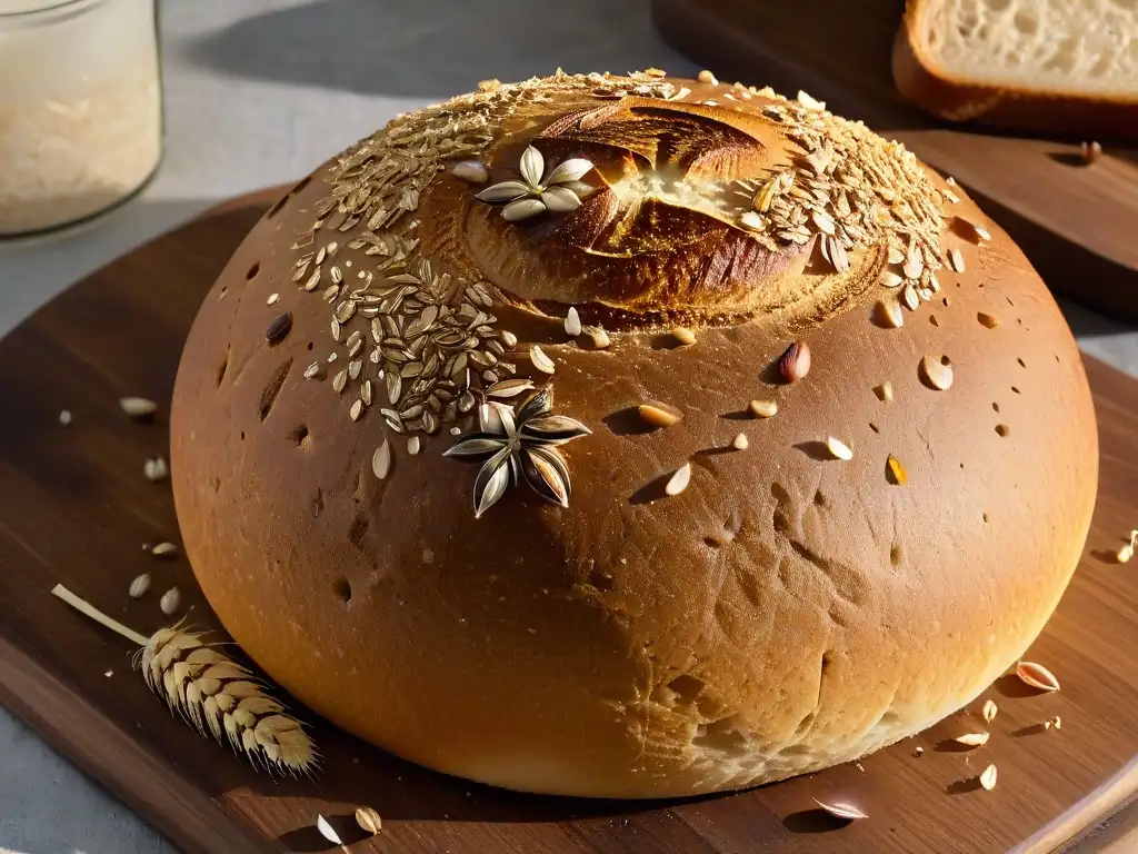 Deliciosa fermentación en repostería sostenible: detallado pan de masa madre con granos y semillas sobre mesa de madera