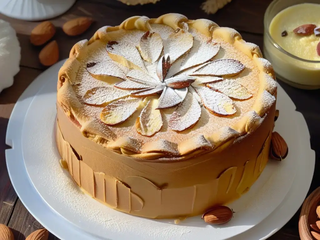Delicioso pastel de almendra sin gluten: detalle y elegancia Deliciosa repostería sin gluten sostenible: un pastel de almendras recién horneado con decoración de almendras y azúcar glass