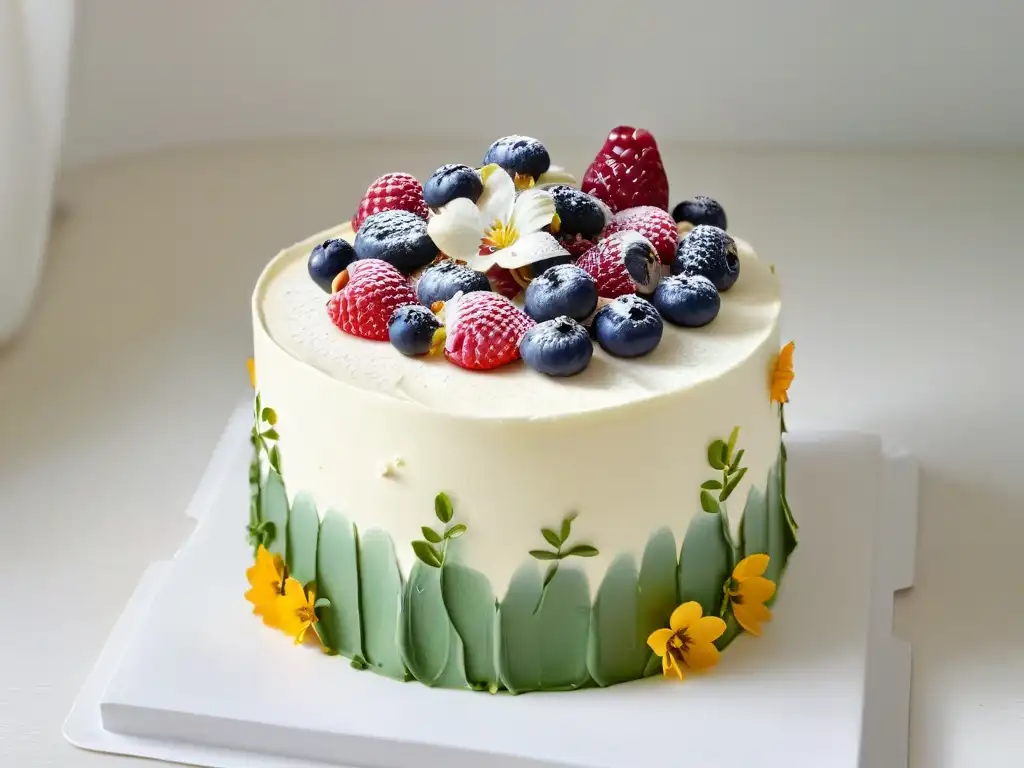 Deliciosa repostería vegana sin gluten: una obra maestra decorada con frutas frescas y flores comestibles, sobre fondo blanco elegante