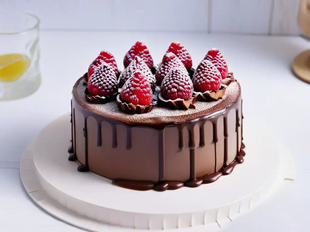 Deliciosa repostería vegana con sustitutos de huevo: exquisito pastel de chocolate decorado con frambuesas y ganache