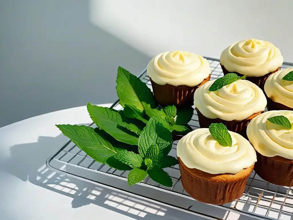 Deliciosa repostería verde reciclaje: muffins dorados con hojas de menta en cocina minimalista iluminada por el sol