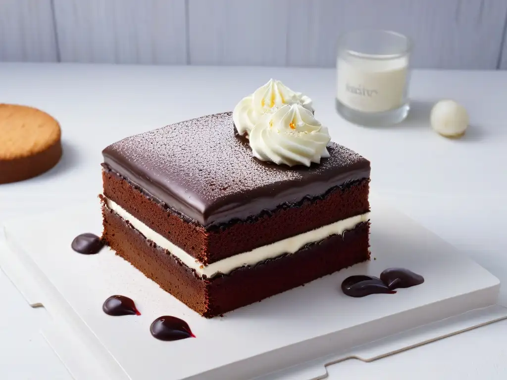 Deliciosa Sachertorte en plato blanco con crema y frambuesa