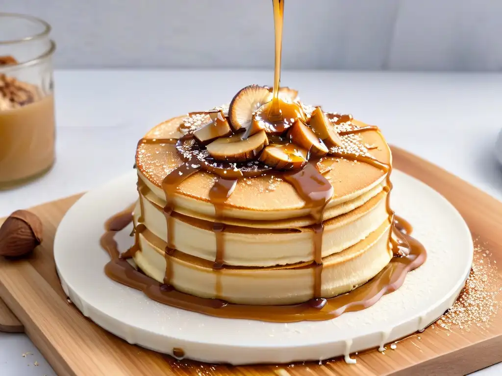 Deliciosa salsa de caramelo vegano de leche de coco sobre hotcakes, con coco tostado