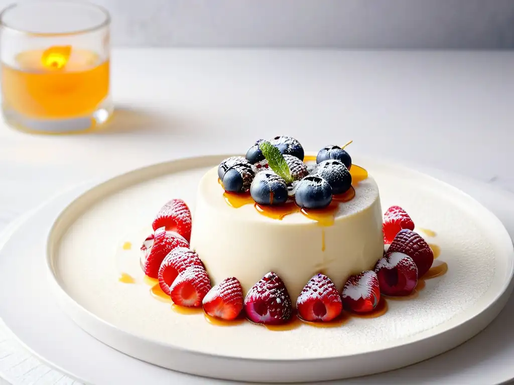 Una deliciosa panna cotta saludable con agar agar, bayas rojas y miel dorada en un entorno elegante y moderno de cocina