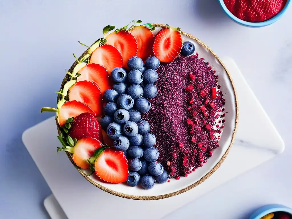 Una deliciosa y saludable açaí bowl con frutas frescas y semillas de chía, sobre un elegante fondo de mármol blanco