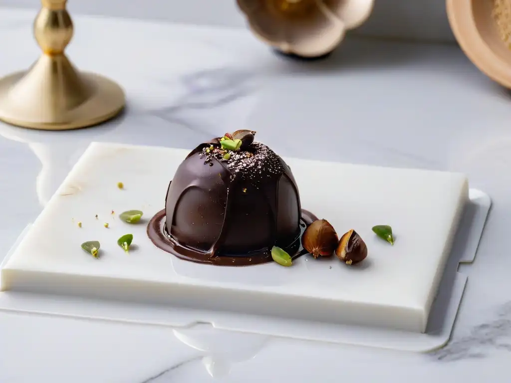 Deliciosa trufa casera saludable sobre elegante mármol, cubierta de chocolate oscuro y pistachos