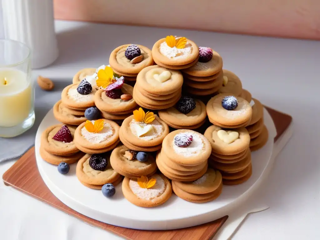 Una deliciosa selección de galletas veganas y orgánicas decoradas con ingredientes naturales, en una elegante vajilla blanca