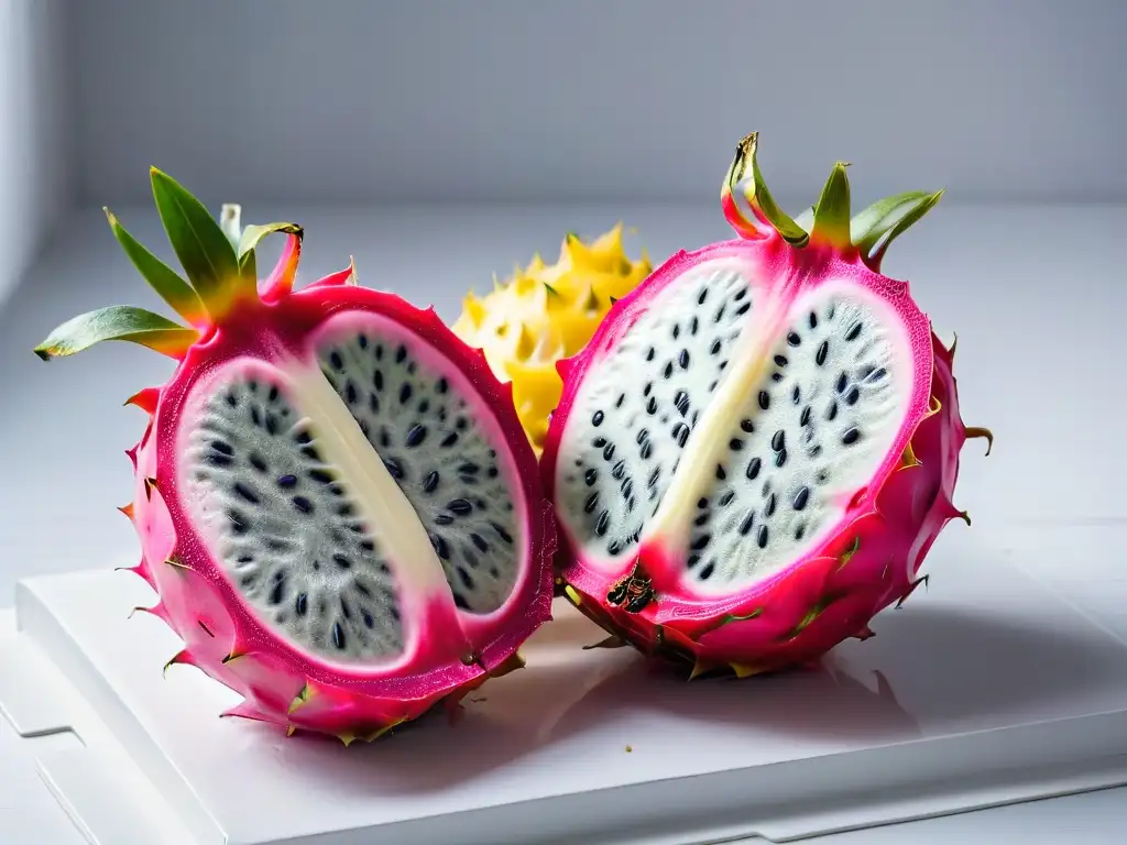 Deliciosa pitahaya rosa con semillas negras en un fondo blanco