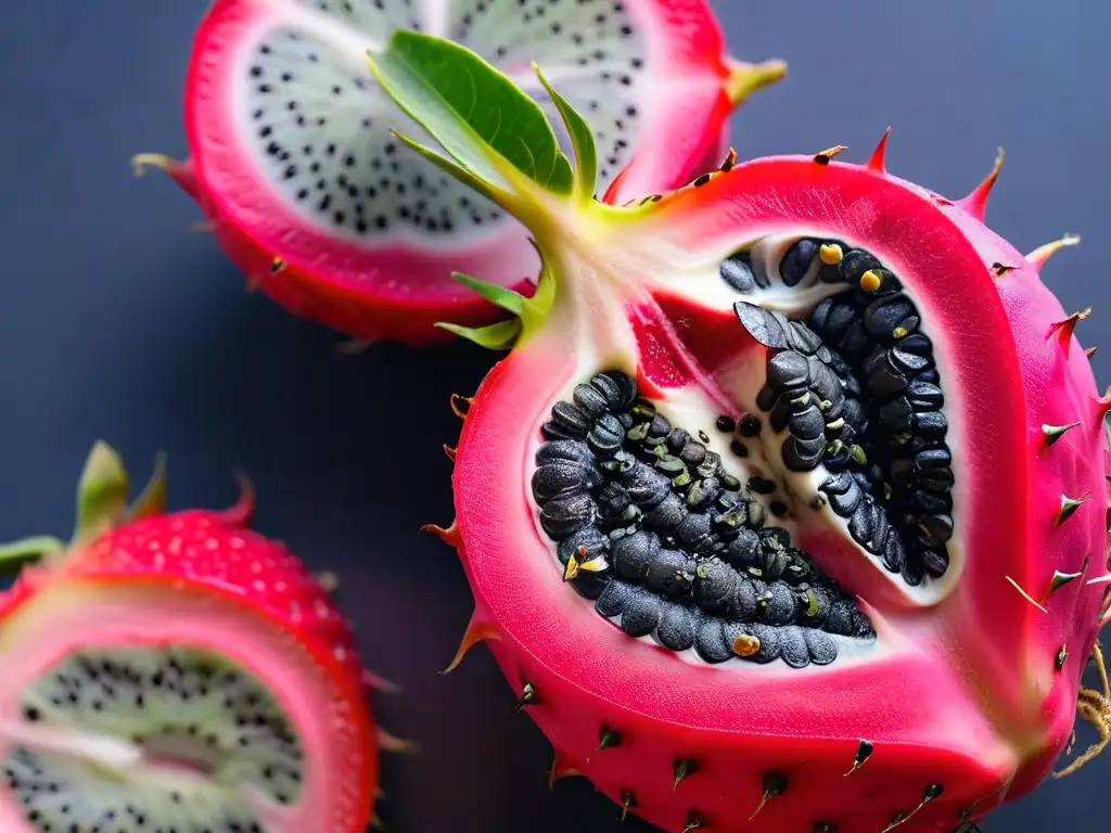 Deliciosa pitahaya rosa con semillas negras en un fondo blanco, perfecta para postres creativos