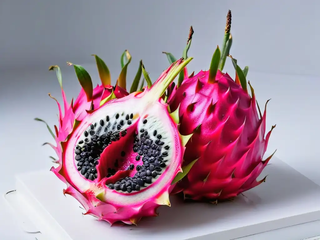 Deliciosa pitahaya con semillas negras y pulpa magenta en un fondo blanco minimalista