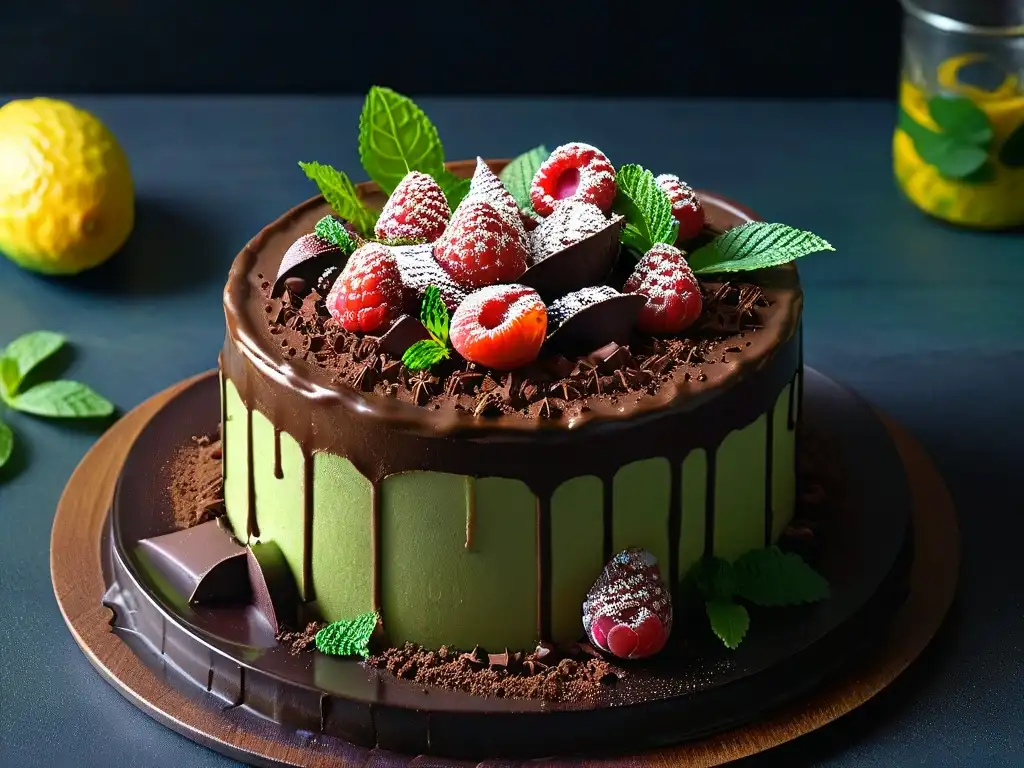 Deliciosa tarta de mousse de aguacate y chocolate con frambuesas y menta, resaltando los beneficios del aguacate en repostería