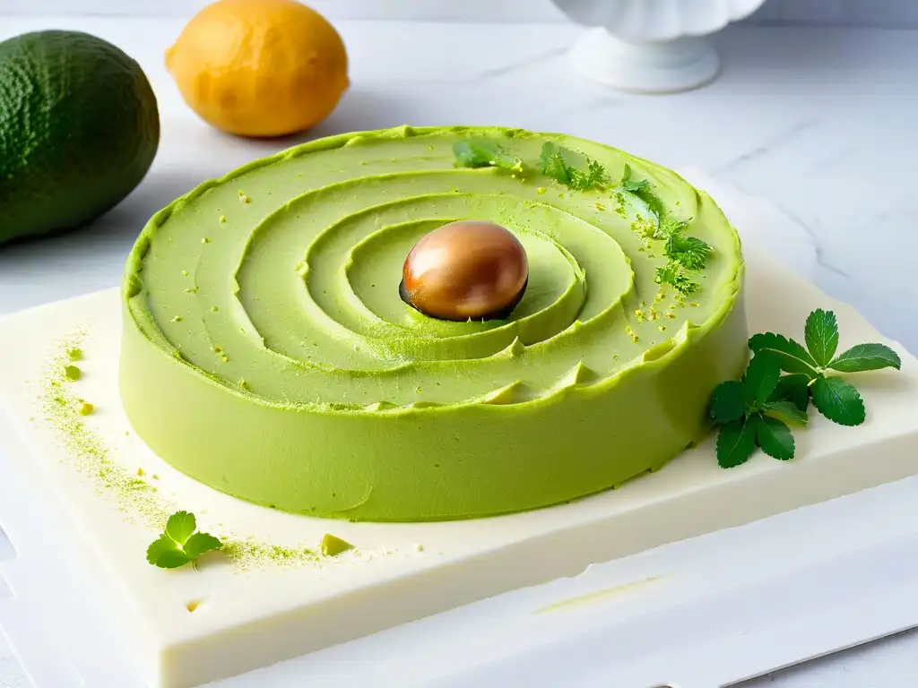 Deliciosa tarta de aguacate y lima en plato de mármol blanco