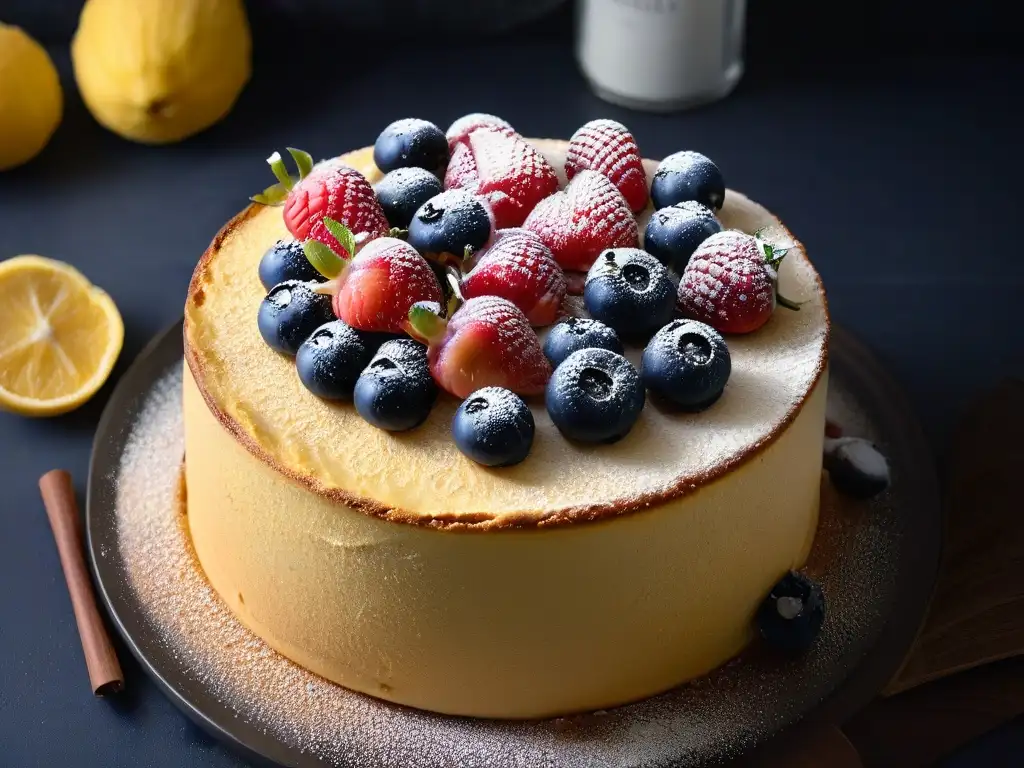 Deliciosa tarta de almendra sin gluten con frutos rojos y azúcar glass en plato blanco sobre fondo oscuro, ideal para 'Recetas repostería sin gluten'