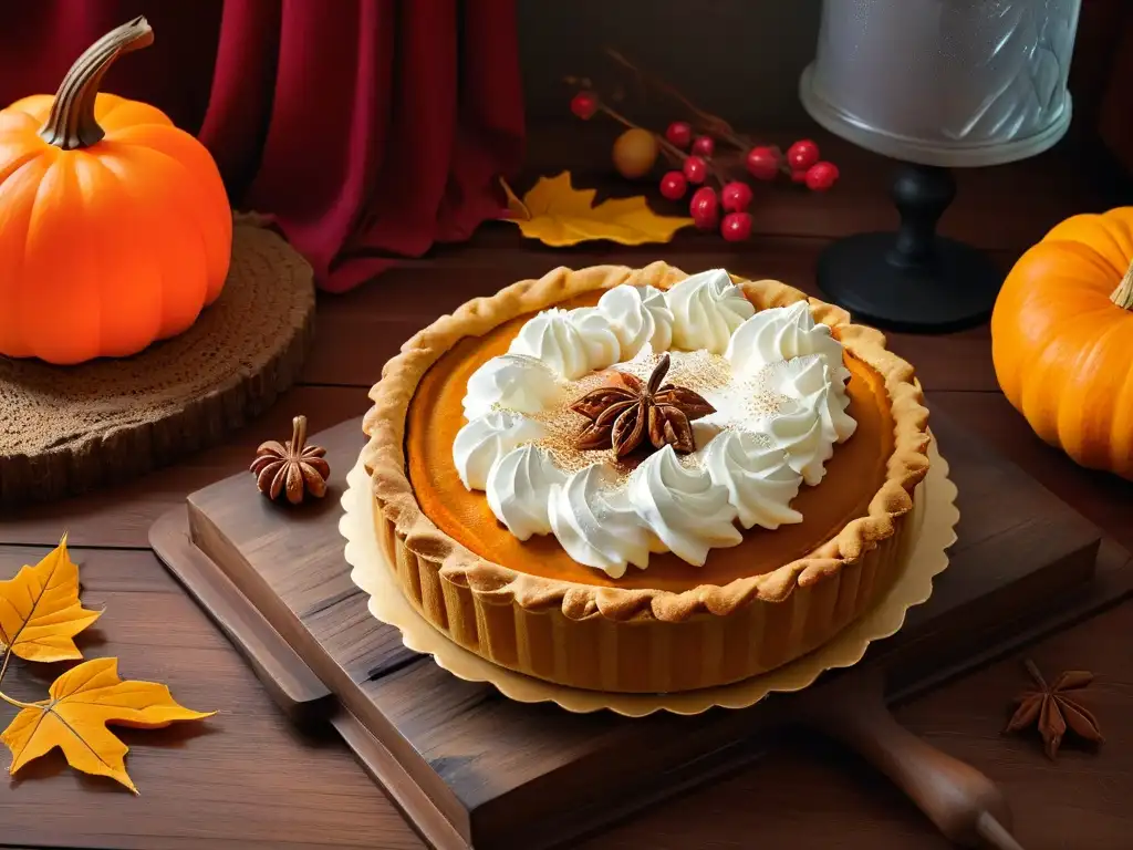 Deliciosa tarta de calabaza en mesa rústica con crema batida y canela, rodeada de hojas de otoño y calabazas decorativas