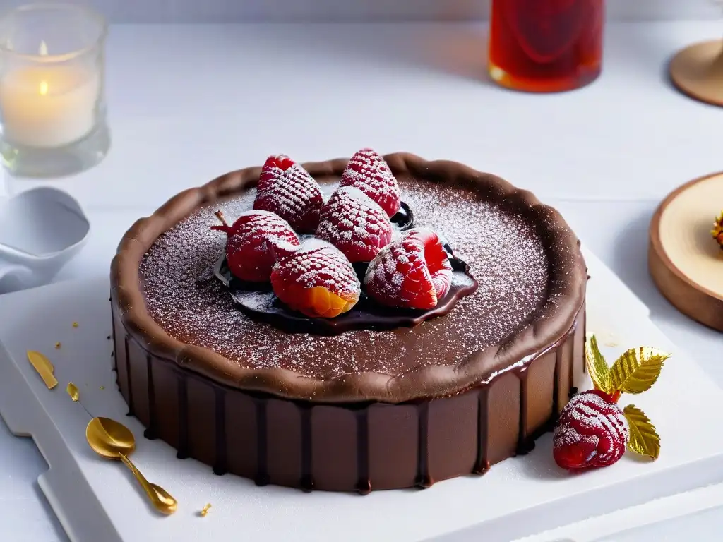 Deliciosa tarta de chocolate adornada con hojas de oro y frambuesas frescas en tabla de mármol