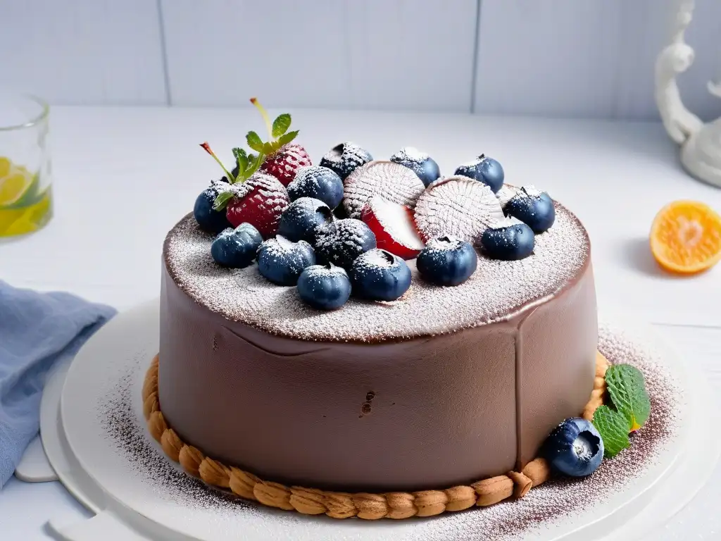 Deliciosa tarta de chocolate sin alérgenos con frutos rojos y menta en plato blanco