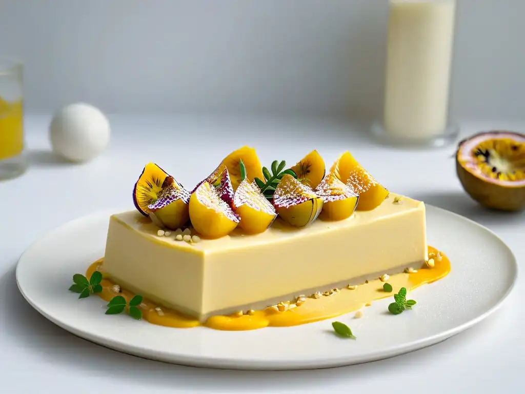 Deliciosa tarta de chocolate blanco y fruta de la pasión con textura y brillo, en plato moderno sobre encimera de mármol