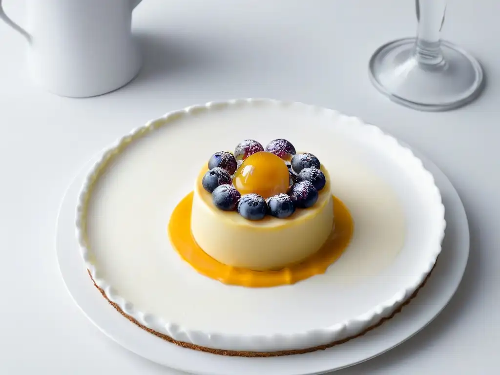 Deliciosa tarta de chocolate blanco y maracuyá con un elegante remolino de coulis de maracuyá en la parte superior, sobre un plato de porcelana blanca