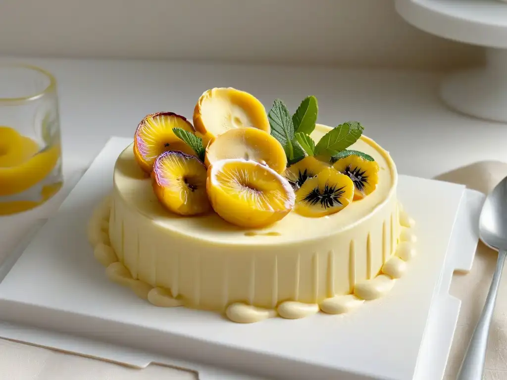 Deliciosa tarta de chocolate blanco y fruta de la pasión con decoración elegante