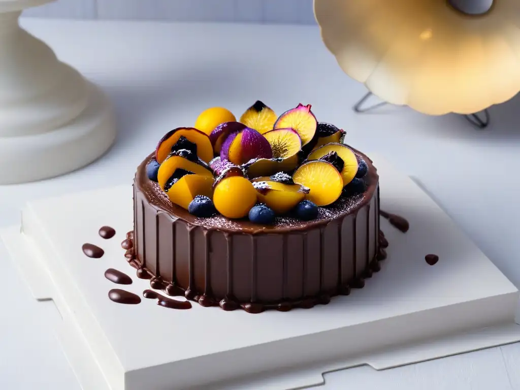 Deliciosa tarta de chocolate blanco y pasión con ganache suave y brillante en un elegante fondo blanco, receta irresistible