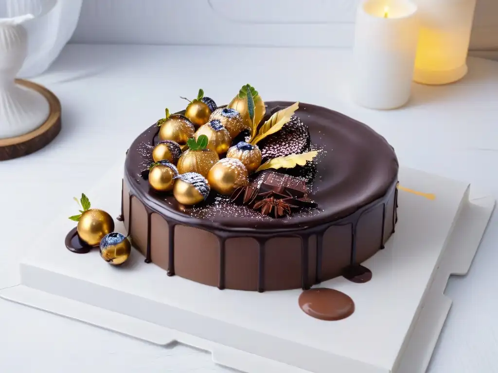 Deliciosa tarta de chocolate decadente con diseño clásico y toque moderno, adornada con hojas de oro sobre plato blanco minimalista