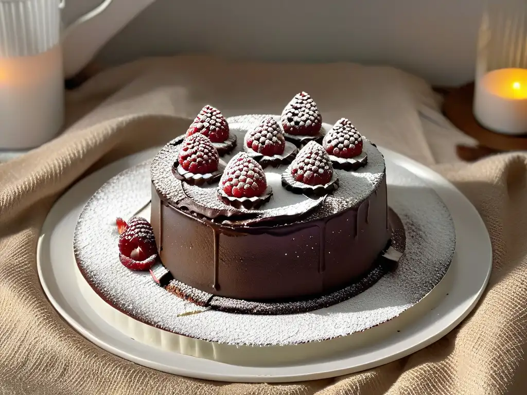 Delicioso pastel de chocolate sin harina con frambuesas frescas Deliciosa tarta de chocolate sin harina con frambuesas frescas, azúcar glas y un toque moderno en una cocina luminosa