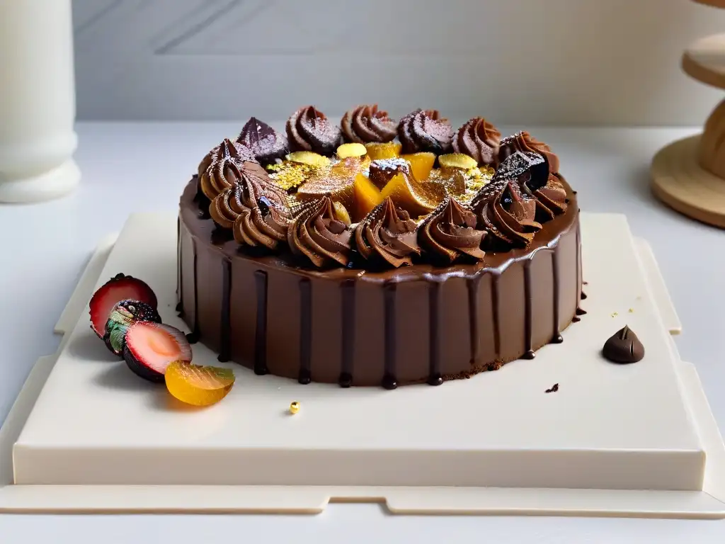 Deliciosa tarta de chocolate sin horno con ganache brillante y detalles en oro, sobre encimera de mármol