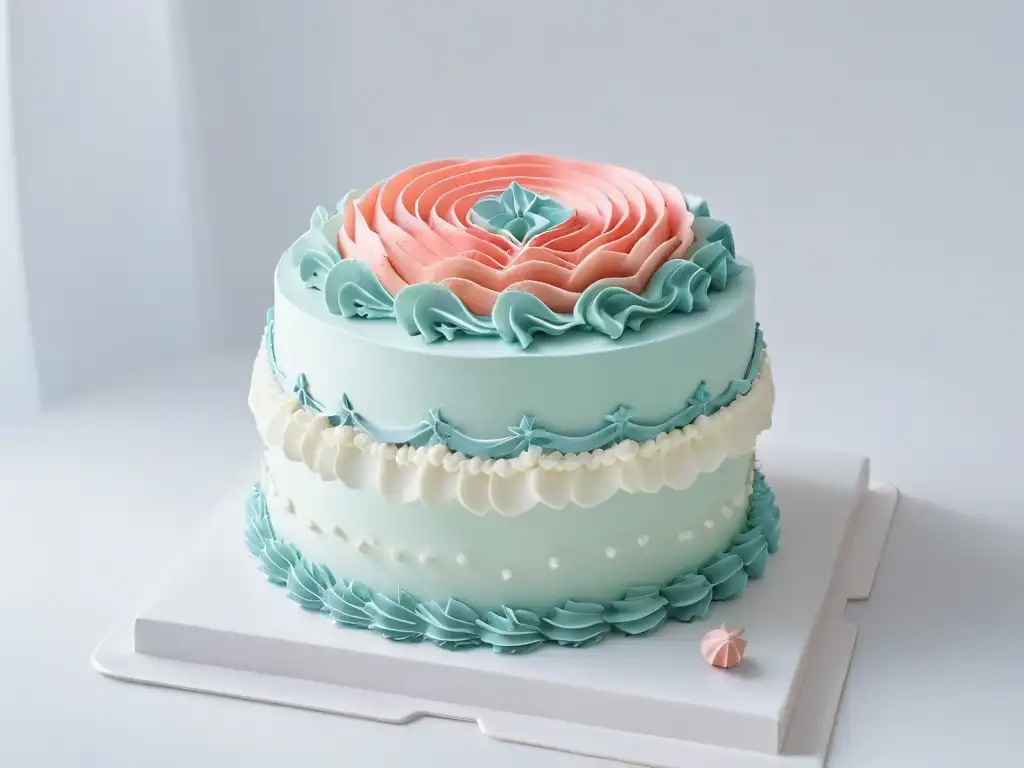 Una deliciosa tarta decorada con precisión y arte en tonos pastel, destacando la atención al detalle en concursos de repostería