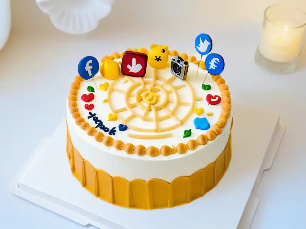 Una deliciosa tarta decorada rodeada de iconos de redes sociales, simbolizando la publicidad pagada en pastelerías