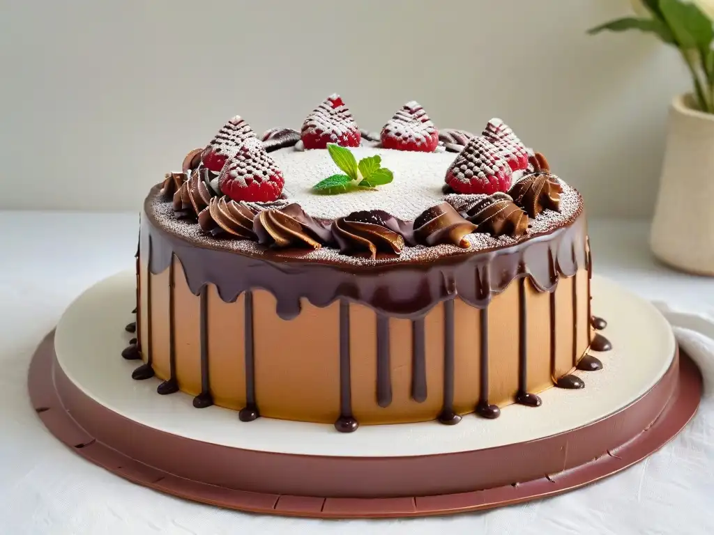 Deliciosa tarta húngara Dobos con capas de bizcocho y crema de chocolate, glaseado de caramelo y decoraciones de encaje de chocolate