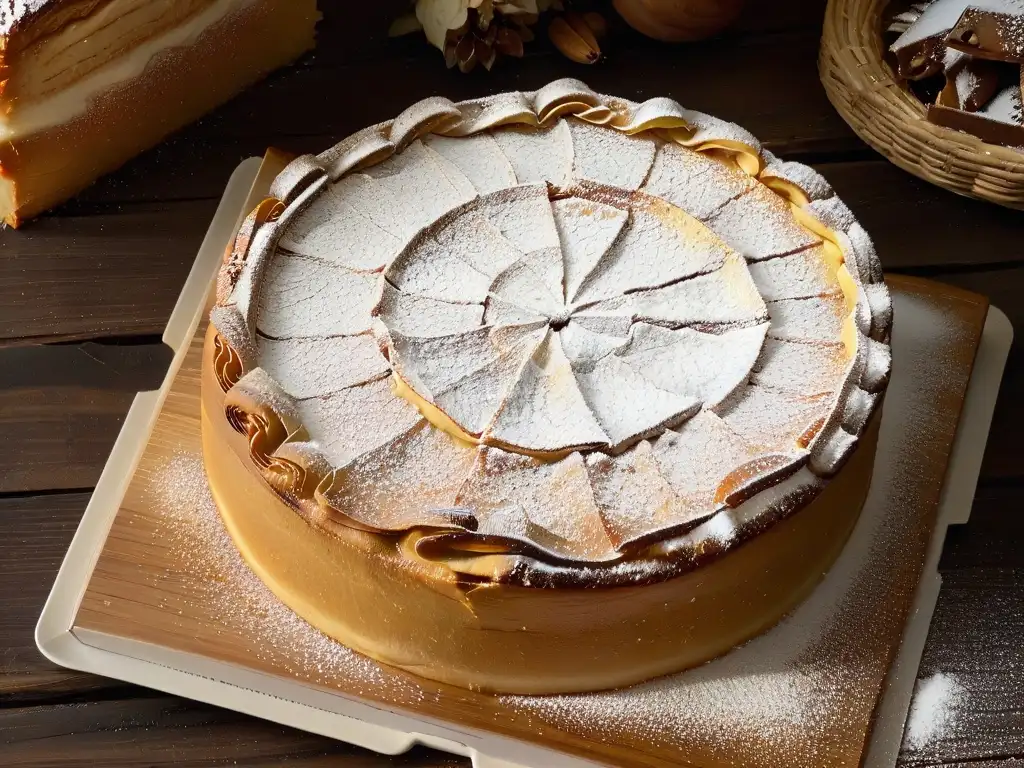 Deliciosa Tarta de Santiago dorada con azúcar glas, almendras y crujiente corteza