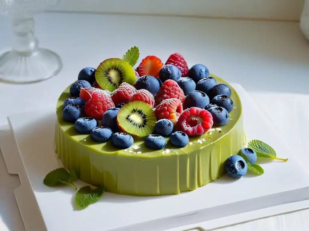 Deliciosa tarta de frutas de alta gama con frambuesas, arándanos y kiwi sobre crema y plato blanco