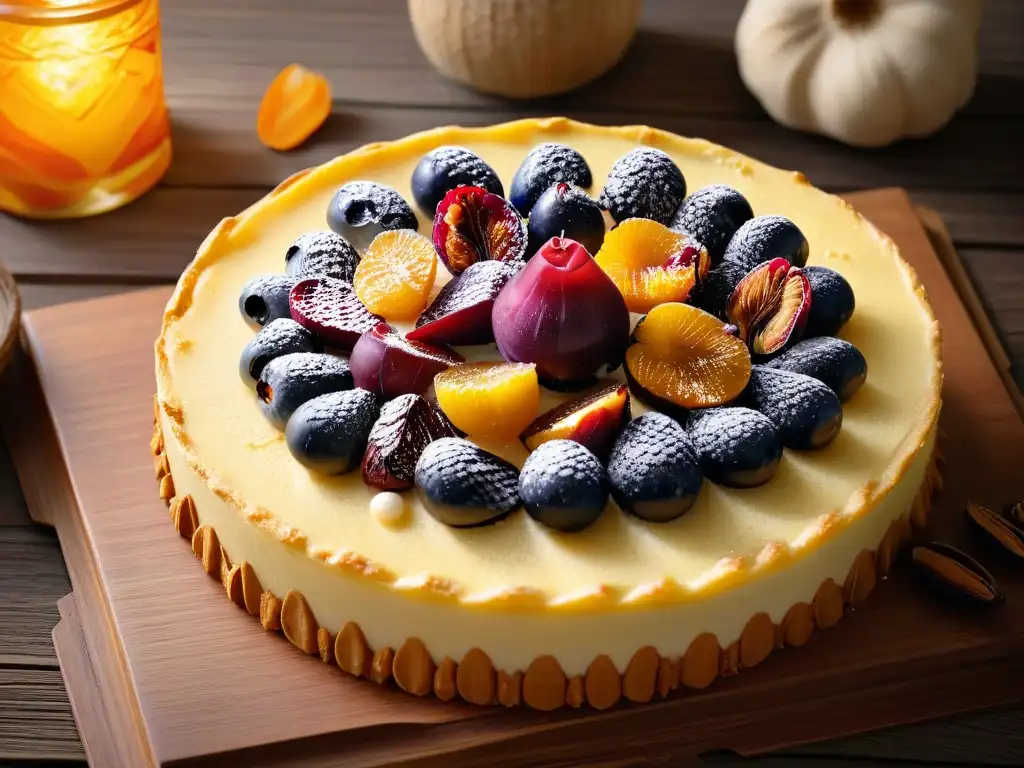 Deliciosa tarta de frutas deshidratadas sobre una mesa rústica, lista para saborear