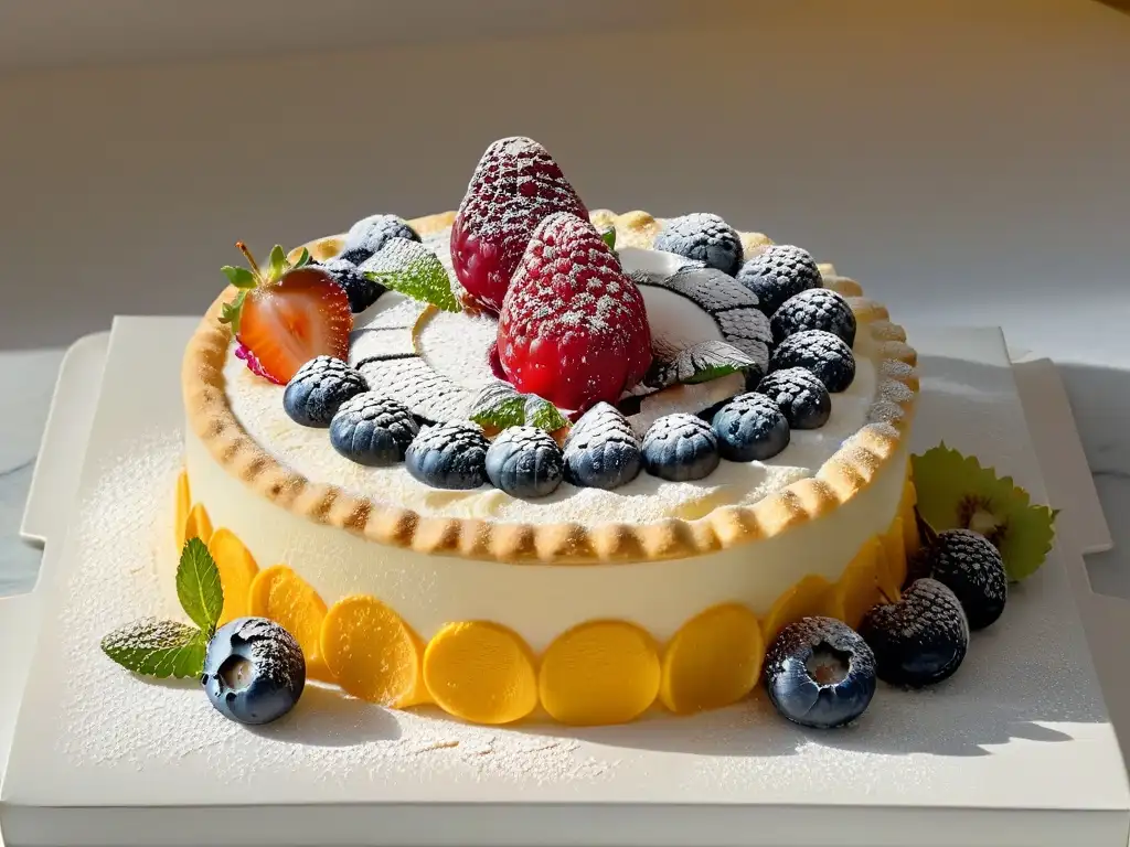 Deliciosa tarta de frutas equilibrada con bayas y azúcar glas, en plato moderno sobre encimera de mármol