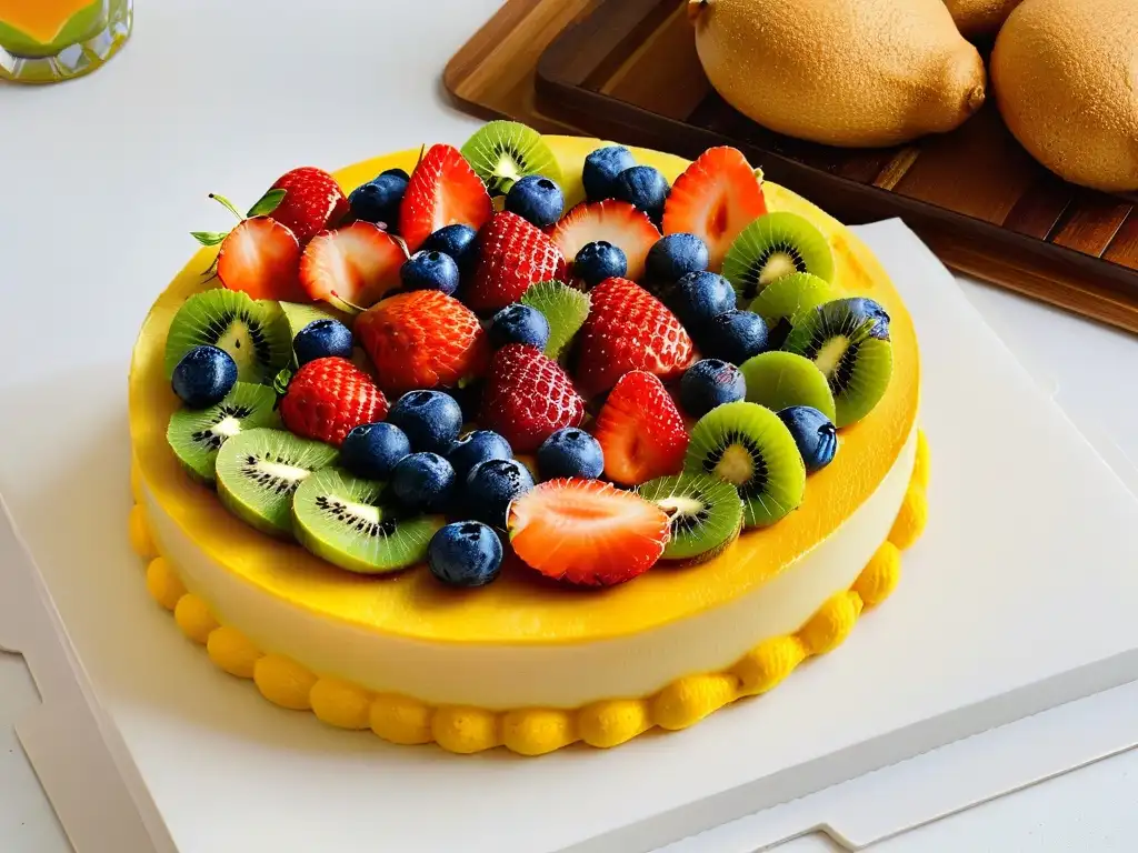 Deliciosa tarta de frutas frescas sin horno, con capas de fresas, arándanos, kiwi y mango, sobre base crujiente y dorada