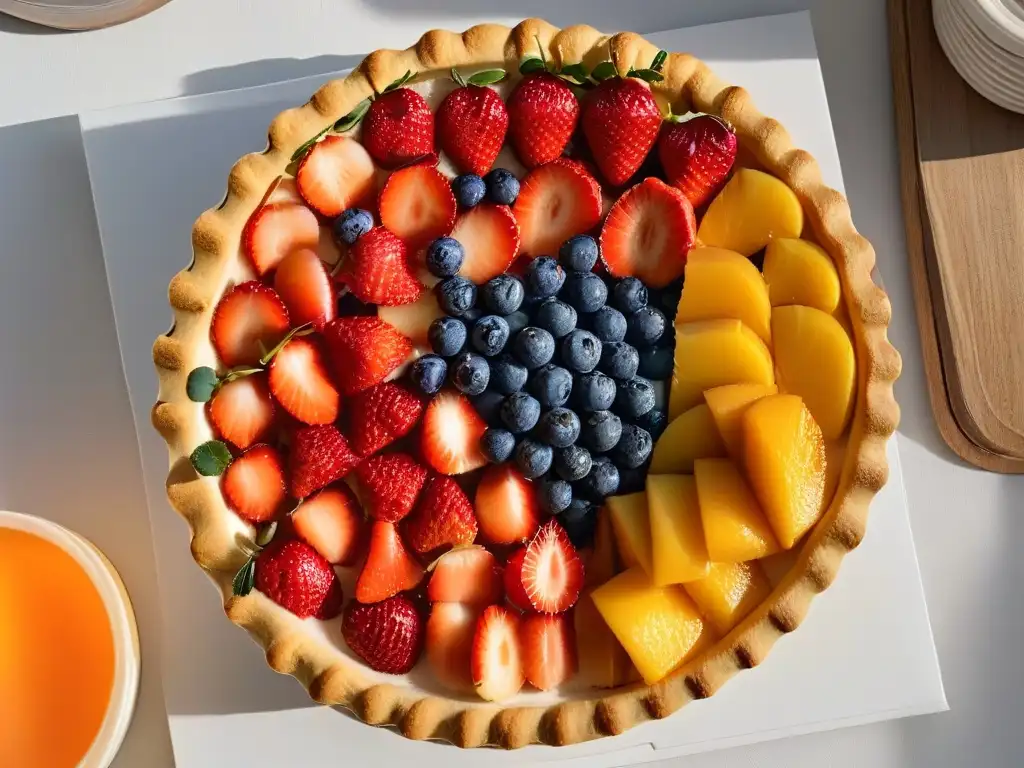 Deliciosa tarta de frutas perfecta de lujo con frutas vibrantes y jugosas en un patrón preciso y artístico