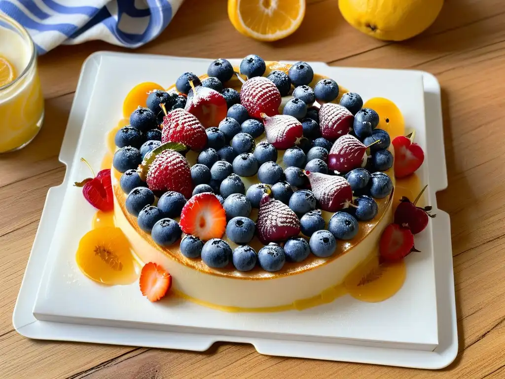 Deliciosa tarta de frutas con proporción ideal macronutrientes en plato blanco, rodeada de bayas frescas y miel