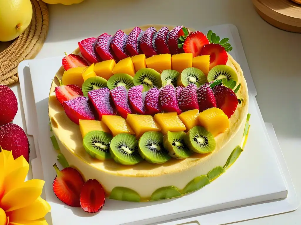 Deliciosa tarta de frutas tropicales con crema de vainilla y decoración elegante