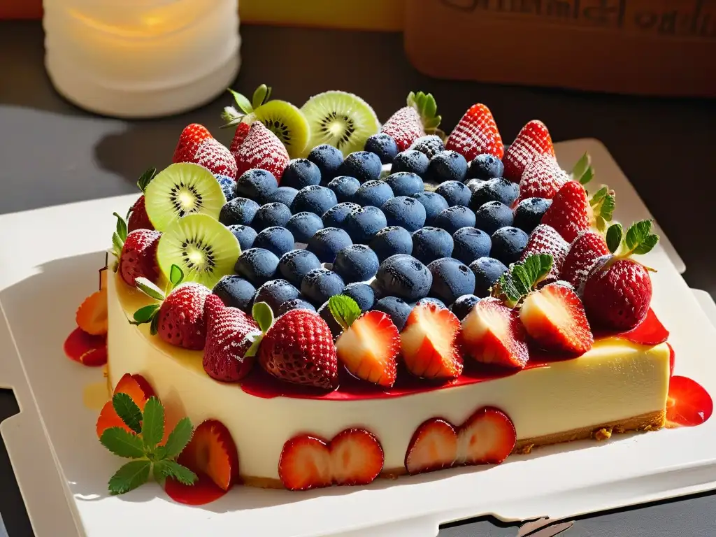 Tarta de frutas frescas: colorida y elegante Deliciosa tarta de frutas veraniega con fresas, arándanos, kiwi y durazno sobre base dorada