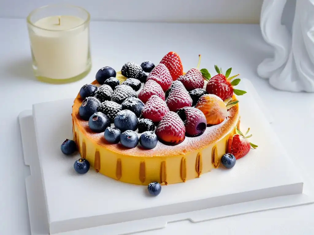 Tarta de frutas vibrante con bayas frescas Deliciosa tarta de frutas veraniegas con bayas frescas y crujiente base dorada en un fondo blanco