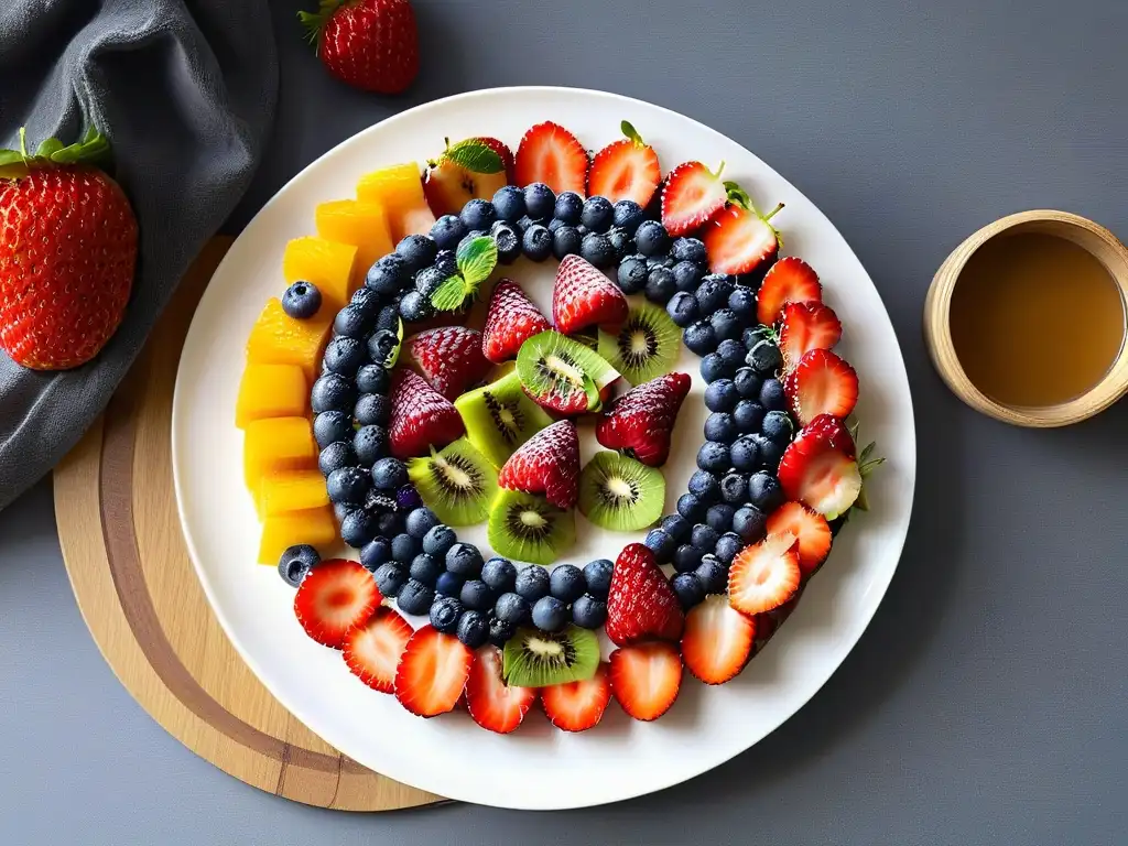Deliciosa tarta de frutas frescas en plato blanco Deliciosa tarta de frutas verano con fresas, arándanos, kiwi y durazno frescos sobre un plato blanco