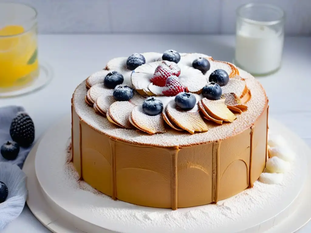 Deliciosa tarta sin gluten dorada, adornada con frutas frescas, sobre una encimera de mármol blanco