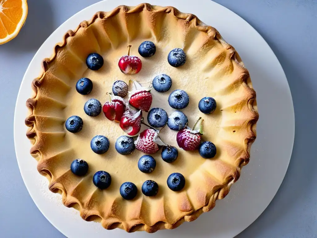 Deliciosa tarta sin gluten con frutas frescas sobre encimera de mármol blanco