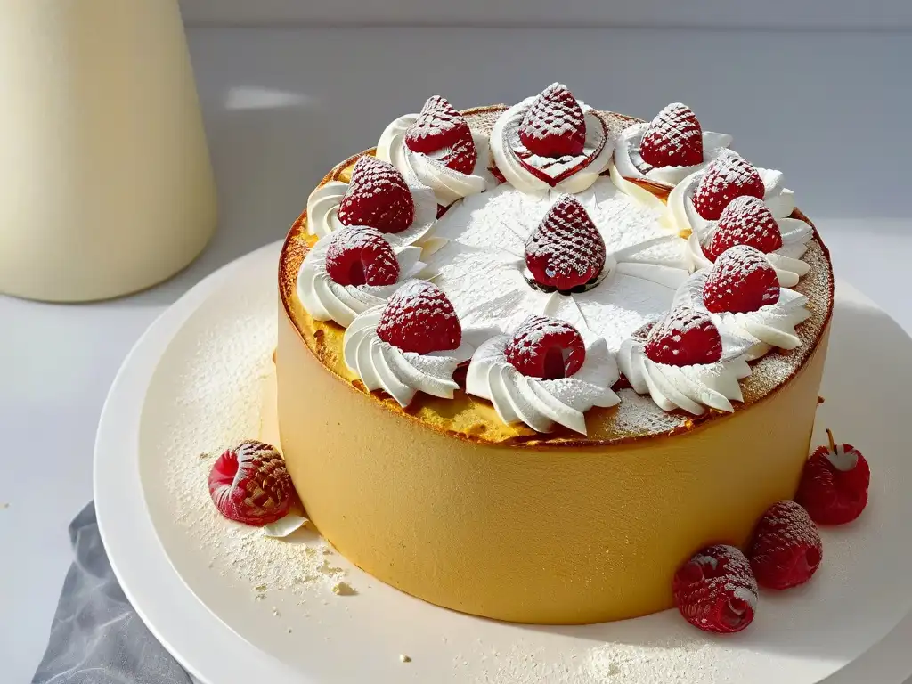 Deliciosa tarta de harina de almendra sin gluten con frambuesas y azúcar glass, en un fondo blanco elegante