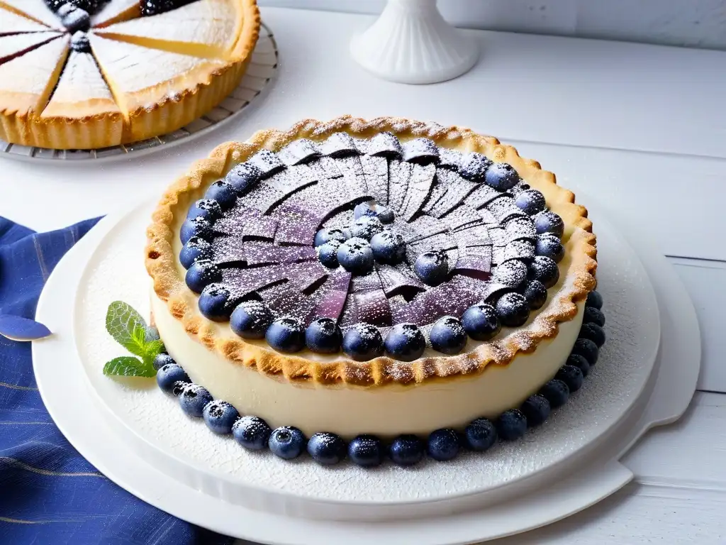 Deliciosa tarta de arándanos recién horneada con beneficios antioxidantes, adornada con menta fresca y azúcar glass