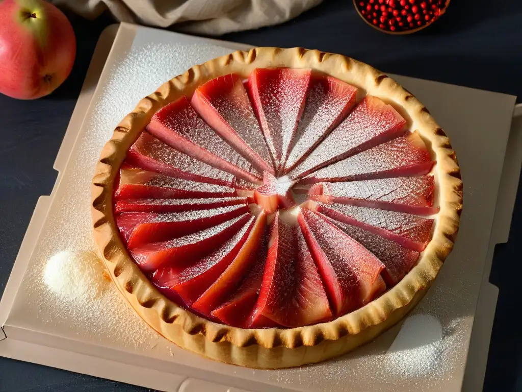 Deliciosa tarta de guayaba exótica recién horneada, con crujiente corteza dorada y relleno vibrante, espolvoreada con azúcar glas