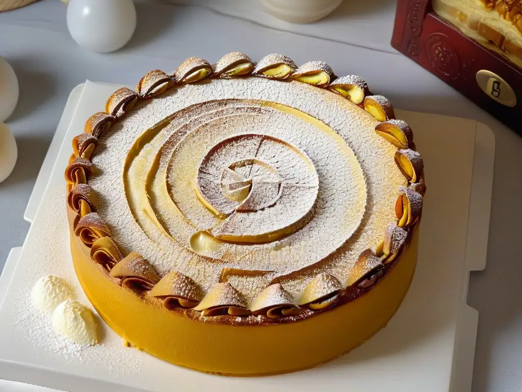 Deliciosa Tarta de Santiago recién horneada con crujiente costra de almendra dorada y azúcar glass