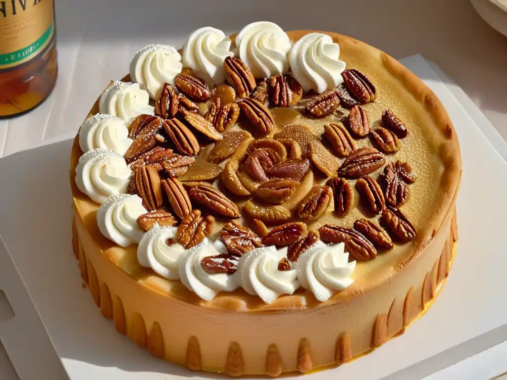 Deliciosa tarta de mantequilla canadiense con crema batida, jarabe de arce y nueces picadas